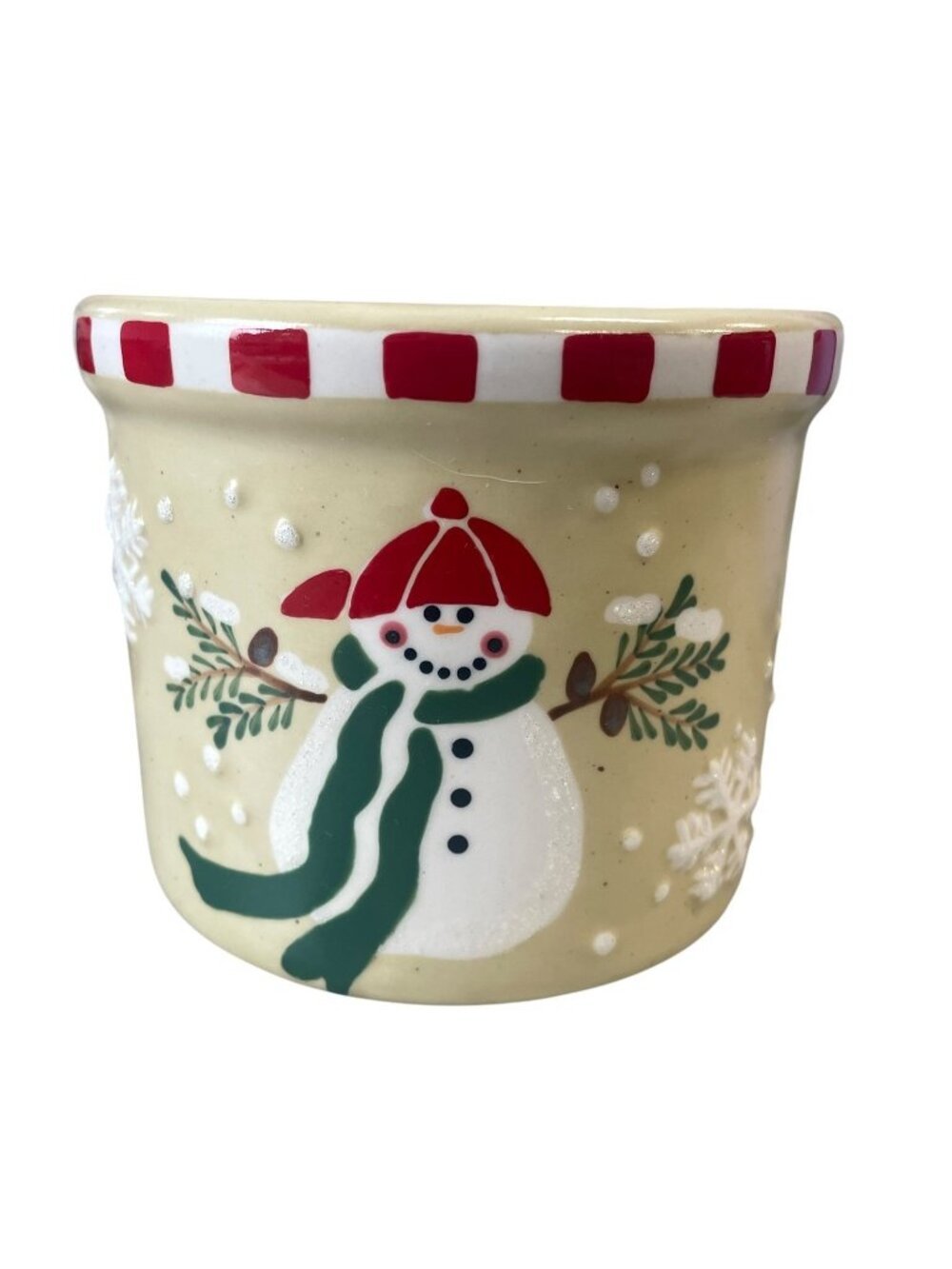 Christmas‎ Snowman Ceramic Pot Jar Holiday Decorative Accessory Cream Red Green